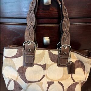 Coach Brown and Cream Shoulder Bag with Braided Straps